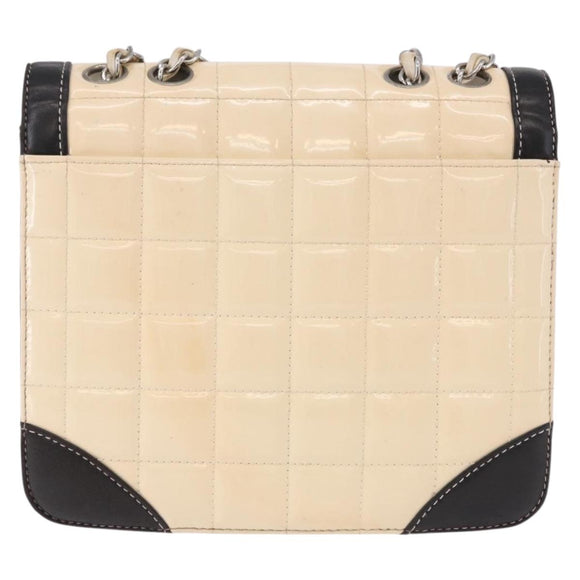 CHANEL Choco Bar Line Turn Lock Chain Bag Patent Leather Ivory CC Auth 195749V