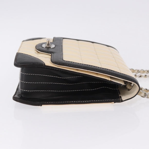 CHANEL Choco Bar Line Turn Lock Chain Bag Patent Leather Ivory CC Auth 195749V