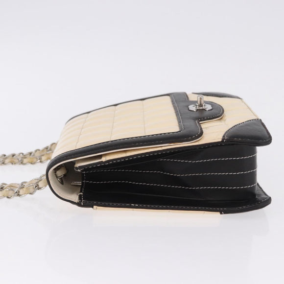 CHANEL Choco Bar Line Turn Lock Chain Bag Patent Leather Ivory CC Auth 195749V