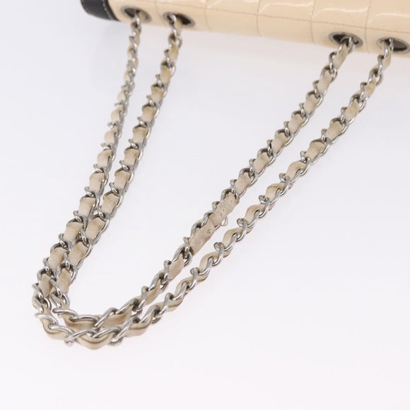 CHANEL Choco Bar Line Turn Lock Chain Bag Patent Leather Ivory CC Auth 195749V