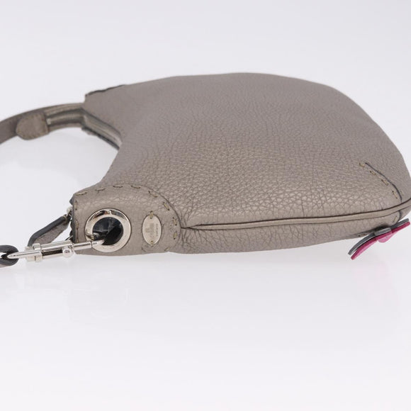 FENDI Celeria Shoulder Bag Leather Silver Auth 195754V