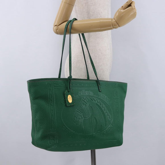 FENDI Tote Bag Leather Green Gold Silver Auth 195755V