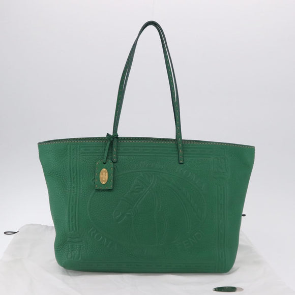FENDI Tote Bag Leather Green Gold Silver Auth 195755V