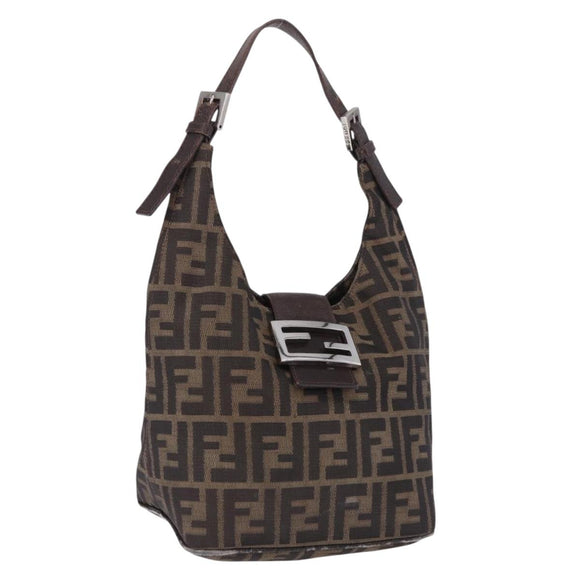 FENDI Zucca Canvas Hand Bag Brown Silver Auth 195759