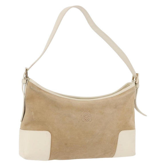 LOEWE Anagram Shoulder Bag Suede Beige Gold Tone Auth 195760V