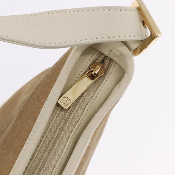 LOEWE Anagram Shoulder Bag Suede Beige Gold Tone Auth 195760V