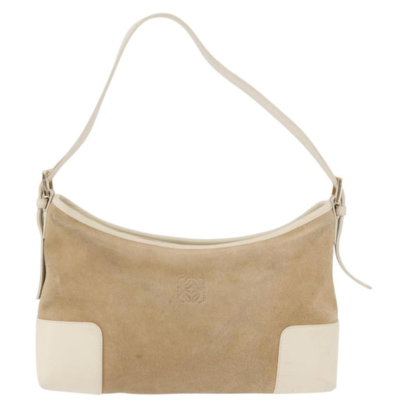 LOEWE Anagram Shoulder Bag Suede Beige Gold Tone Auth 195760V
