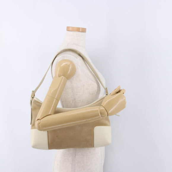 LOEWE Anagram Shoulder Bag Suede Beige Gold Tone Auth 195760V