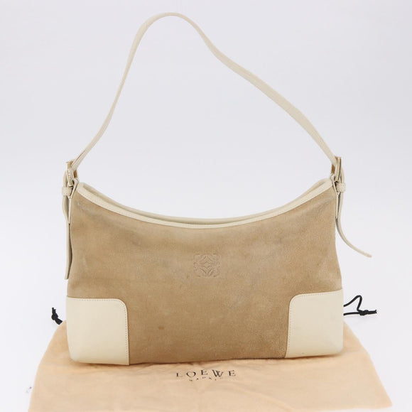 LOEWE Anagram Shoulder Bag Suede Beige Gold Tone Auth 195760V