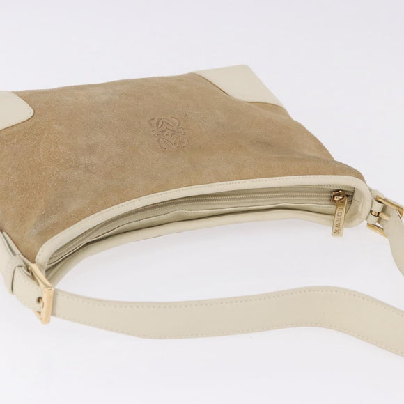 LOEWE Anagram Shoulder Bag Suede Beige Gold Tone Auth 195760V