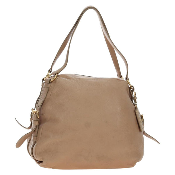 PRADA Tote Bag Leather Beige Gold Tone Auth 195767V