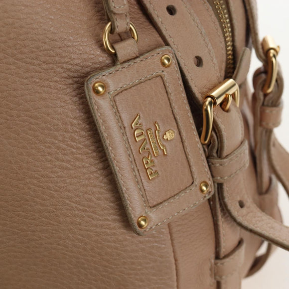 PRADA Tote Bag Leather Beige Gold Tone Auth 195767V