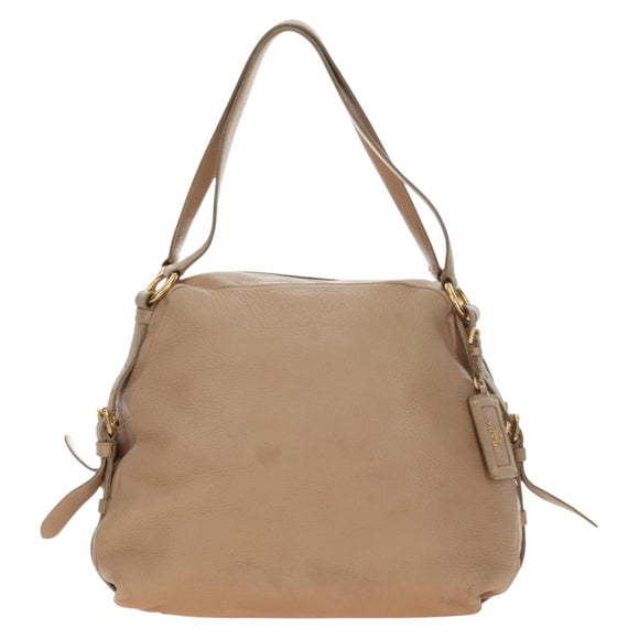 PRADA Tote Bag Leather Beige Gold Tone Auth 195767V