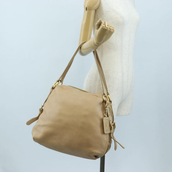 PRADA Tote Bag Leather Beige Gold Tone Auth 195767V