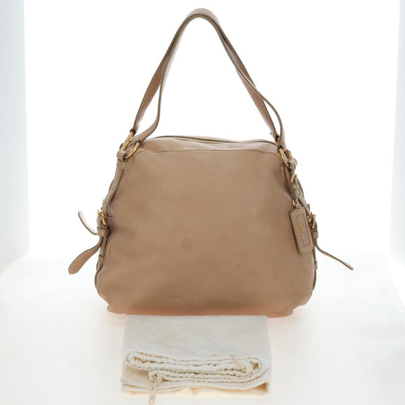 PRADA Tote Bag Leather Beige Gold Tone Auth 195767V