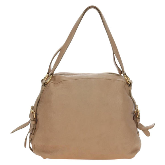 PRADA Tote Bag Leather Beige Gold Tone Auth 195767V