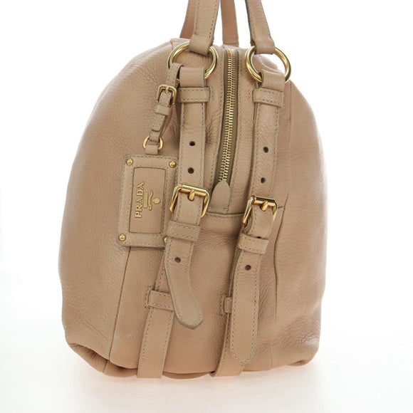 PRADA Tote Bag Leather Beige Gold Tone Auth 195767V