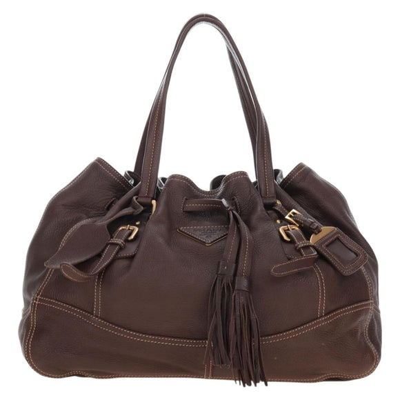 PRADA Tote Bag Leather Brown Gold Tone Auth 195768M
