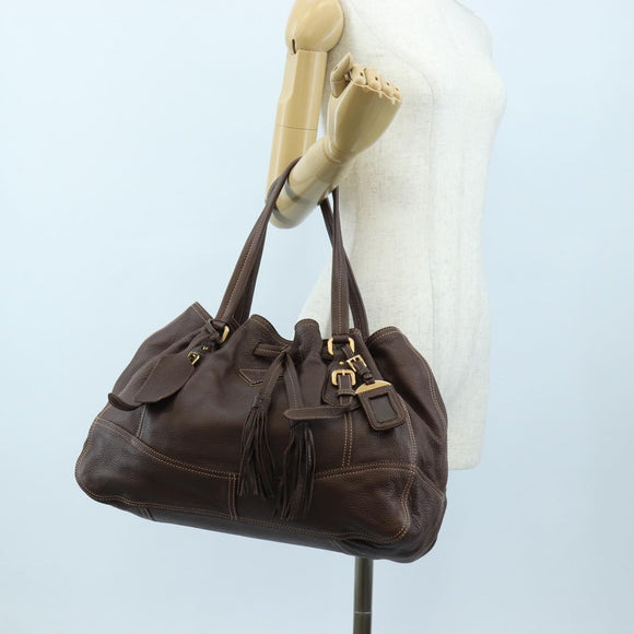 PRADA Tote Bag Leather Brown Gold Tone Auth 195768M
