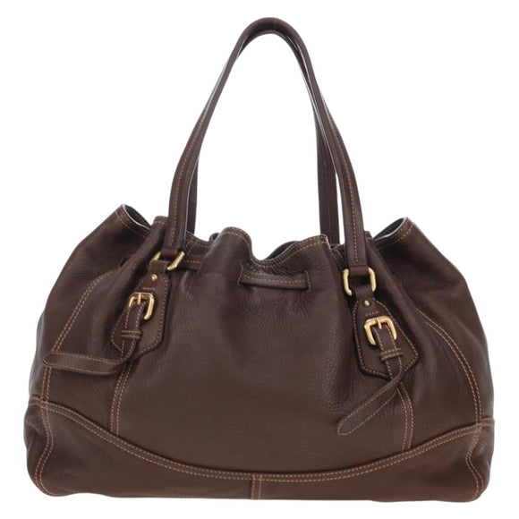 PRADA Tote Bag Leather Brown Gold Tone Auth 195768M