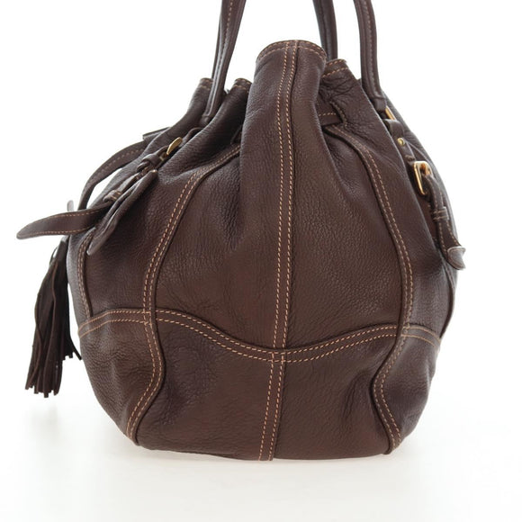 PRADA Tote Bag Leather Brown Gold Tone Auth 195768M