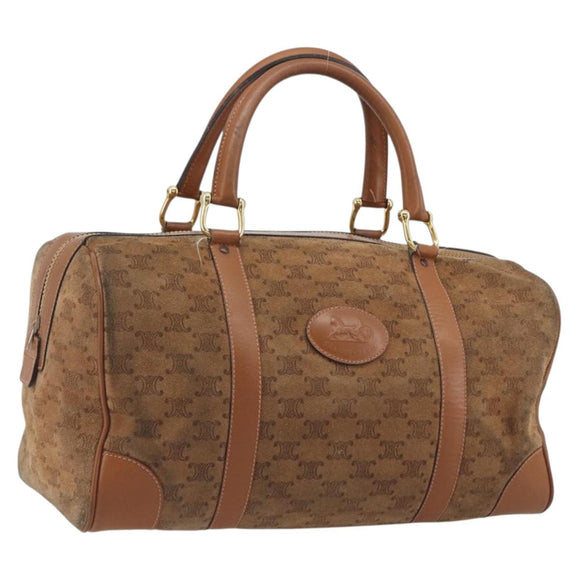 CELINE Macadam Boston Bag Suede Brown Gold Tone Auth 195774