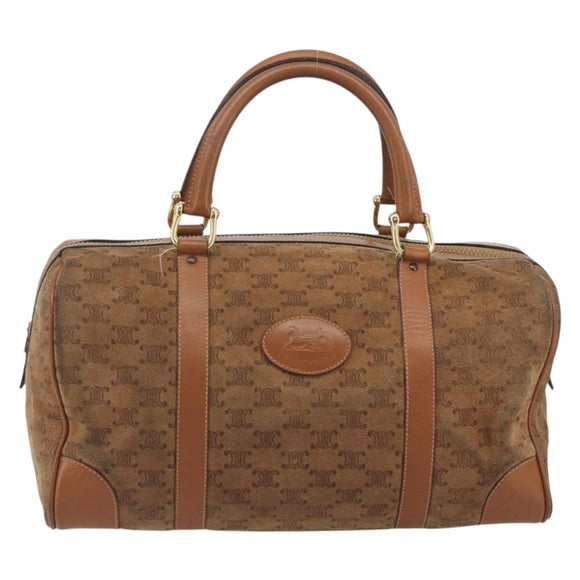CELINE Macadam Boston Bag Suede Brown Gold Tone Auth 195774