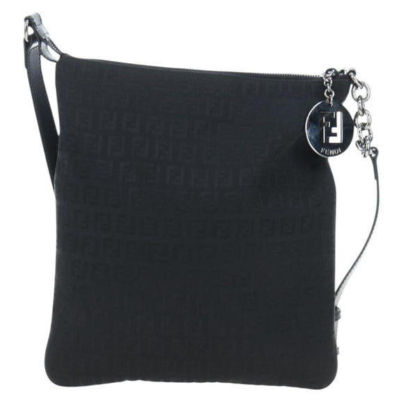 FENDI Zucchino Canvas Shoulder Bag Black Silver 8BT151 Auth 195776V