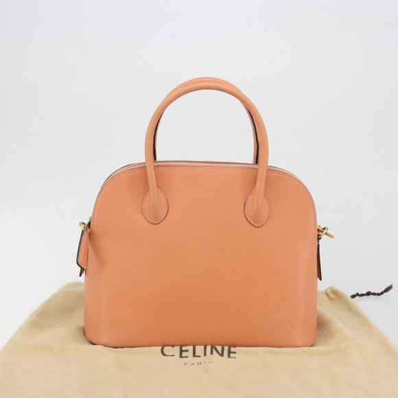 CELINE Hand Bag Leather 2way Orange Gold Tone Auth 195791A