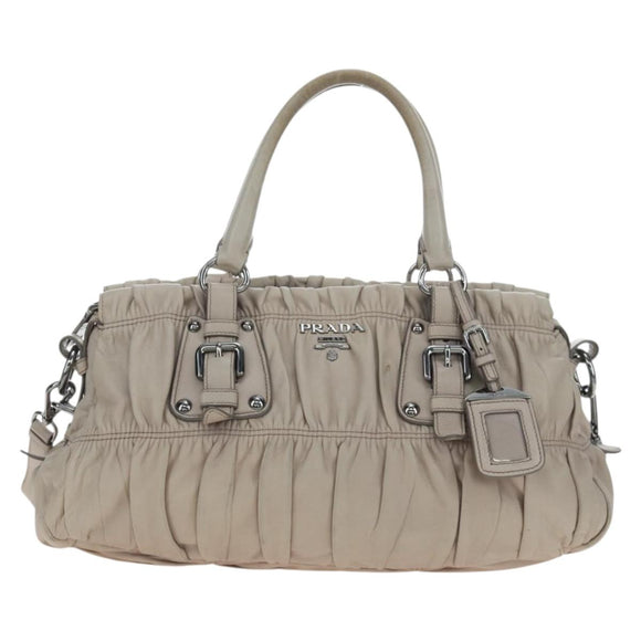 PRADA Gathered Hand Bag Leather 2way Gray Silver Auth 195793V