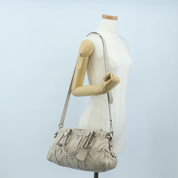 PRADA Gathered Hand Bag Leather 2way Gray Silver Auth 195793V