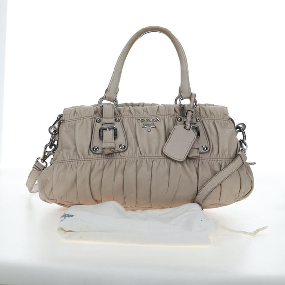 PRADA Gathered Hand Bag Leather 2way Gray Silver Auth 195793V