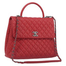 CHANEL Matelasse Coco Handle Chain Bag Caviar Skin 2way Red CC Auth 195900V-1