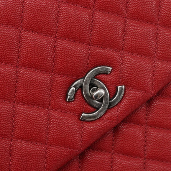 CHANEL Matelasse Coco Handle Chain Bag Caviar Skin 2way Red CC Auth 195900V