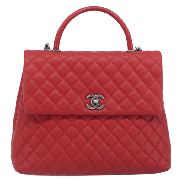 CHANEL Matelasse Coco Handle Chain Bag Caviar Skin 2way Red CC Auth 195900V