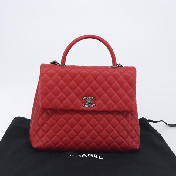 CHANEL Matelasse Coco Handle Chain Bag Caviar Skin 2way Red CC Auth 195900V