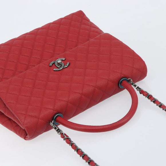 CHANEL Matelasse Coco Handle Chain Bag Caviar Skin 2way Red CC Auth 195900V