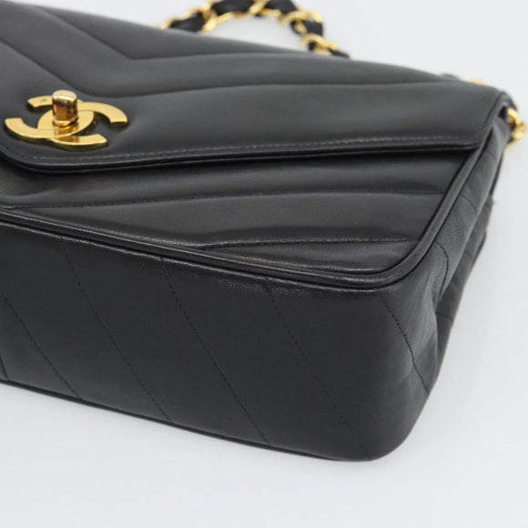 CHANEL V stitch Chain Shoulder Bag Lamb Skin Black Gold CC Auth 195911V