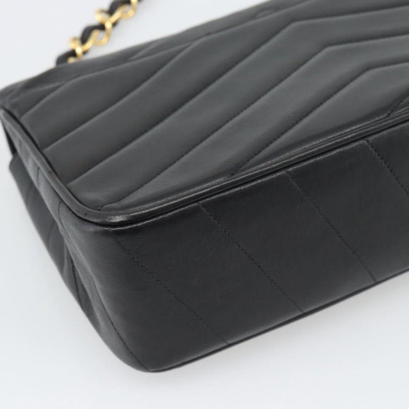 CHANEL V stitch Chain Shoulder Bag Lamb Skin Black Gold CC Auth 195911V