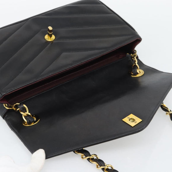 CHANEL V stitch Chain Shoulder Bag Lamb Skin Black Gold CC Auth 195911V