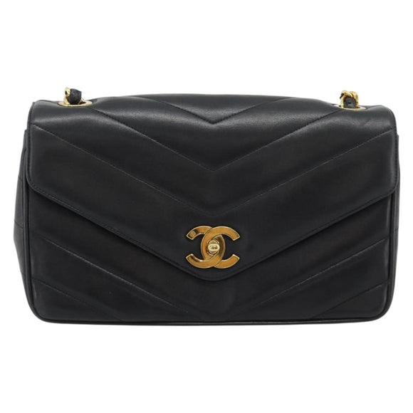 CHANEL V stitch Chain Shoulder Bag Lamb Skin Black Gold CC Auth 195911V