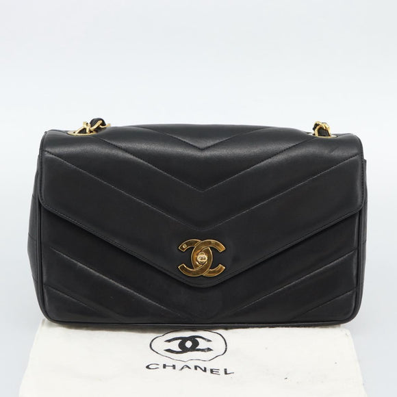 CHANEL V stitch Chain Shoulder Bag Lamb Skin Black Gold CC Auth 195911V