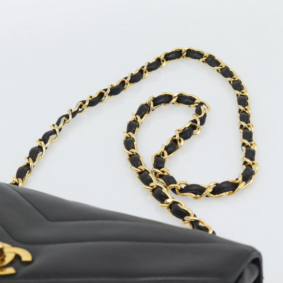 CHANEL V stitch Chain Shoulder Bag Lamb Skin Black Gold CC Auth 195911V
