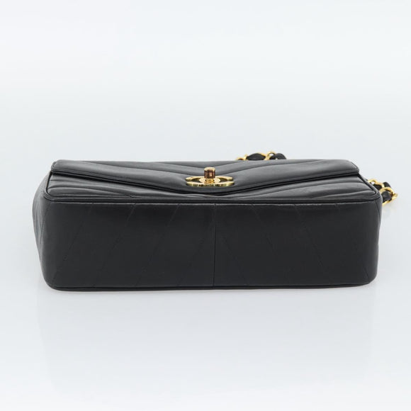 CHANEL V stitch Chain Shoulder Bag Lamb Skin Black Gold CC Auth 195911V