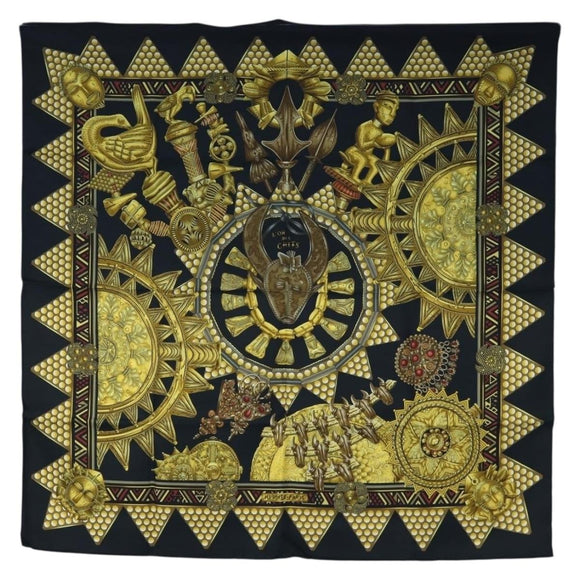 HERMES Carre 90 Scarf ”L'OR DES CHEFS” Silk Black Auth 195923M
