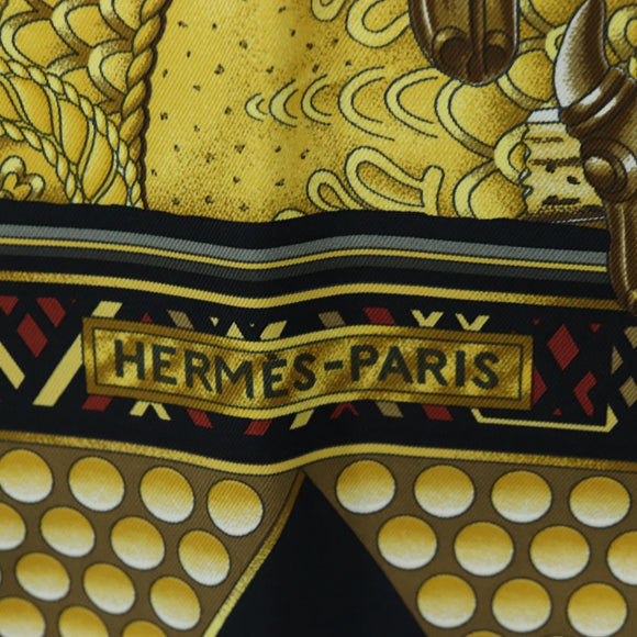 HERMES Carre 90 Scarf ”L'OR DES CHEFS” Silk Black Auth 195923M