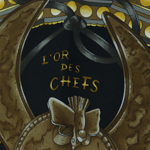 HERMES Carre 90 Scarf ”L'OR DES CHEFS” Silk Black Auth 195923M