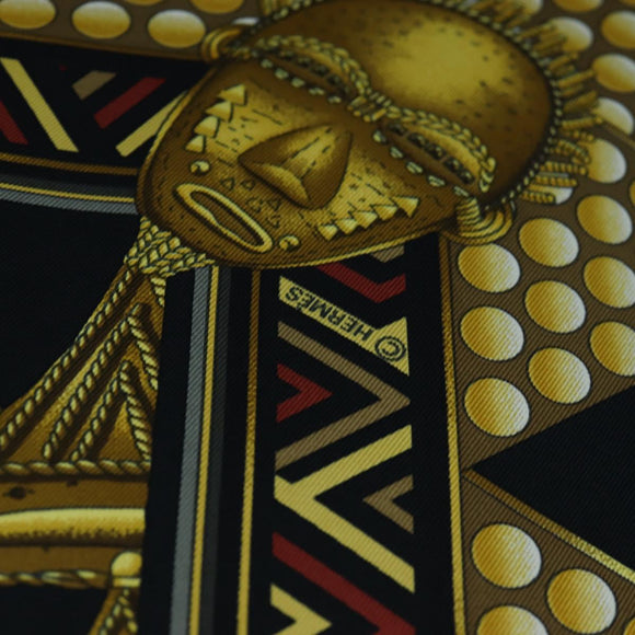 HERMES Carre 90 Scarf ”L'OR DES CHEFS” Silk Black Auth 195923M