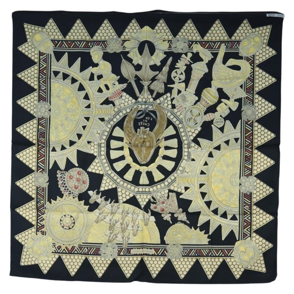 HERMES Carre 90 Scarf ”L'OR DES CHEFS” Silk Black Auth 195923M
