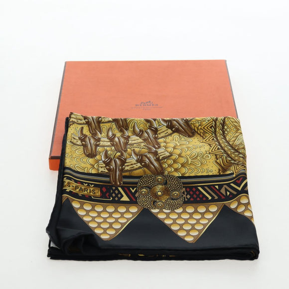 HERMES Carre 90 Scarf ”L'OR DES CHEFS” Silk Black Auth 195923M